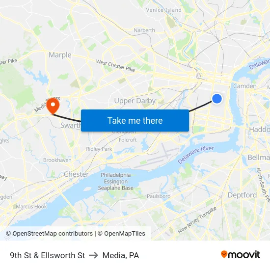 9th St & Ellsworth St to Media, PA map