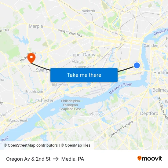 Oregon Av & 2nd St to Media, PA map