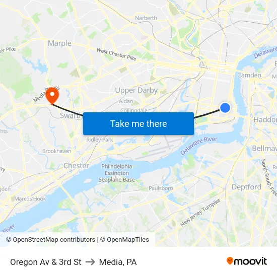 Oregon Av & 3rd St to Media, PA map