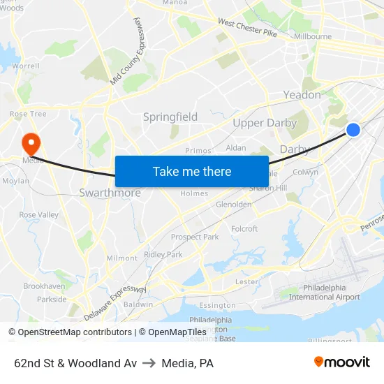 62nd St & Woodland Av to Media, PA map
