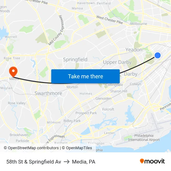 58th St & Springfield Av to Media, PA map