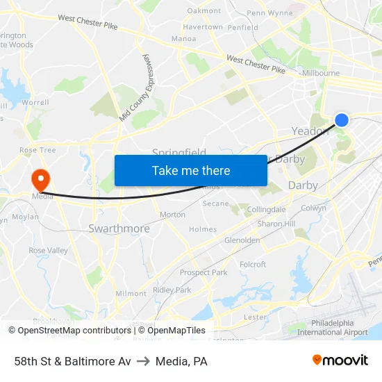 58th St & Baltimore Av to Media, PA map