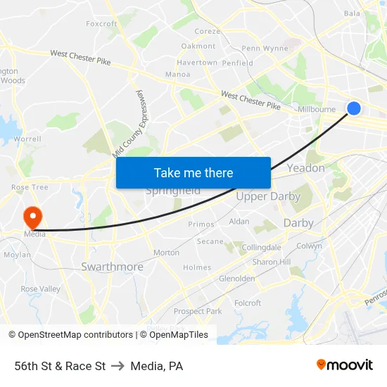 56th St & Race St to Media, PA map