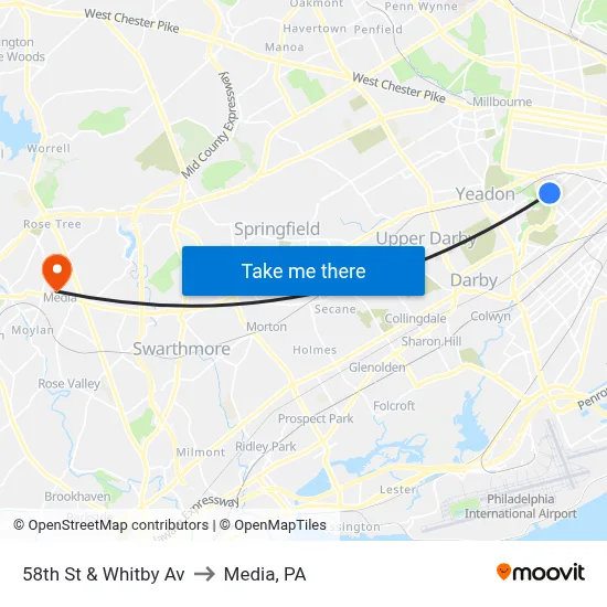 58th St & Whitby Av to Media, PA map