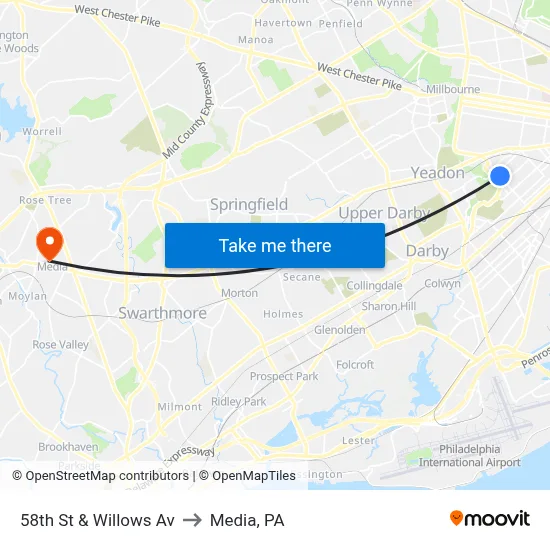 58th St & Willows Av to Media, PA map