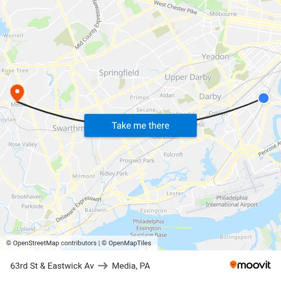 63rd St & Eastwick Av to Media, PA map