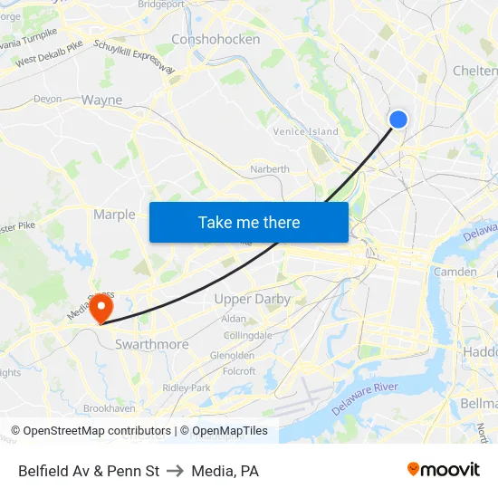 Belfield Av & Penn St to Media, PA map