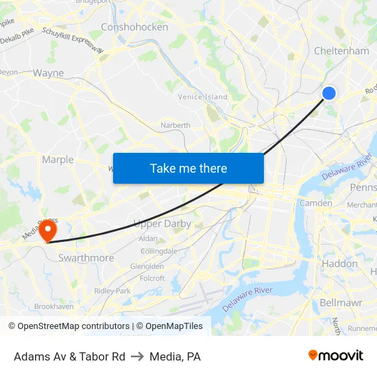 Adams Av & Tabor Rd to Media, PA map