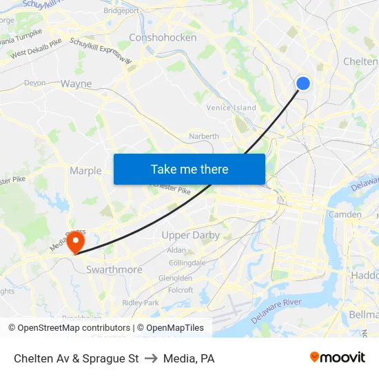 Chelten Av & Sprague St to Media, PA map