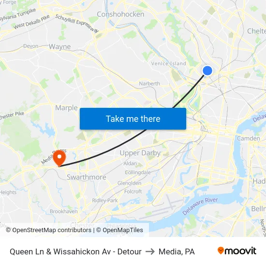 Queen Ln & Wissahickon Av - Detour to Media, PA map