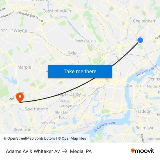 Adams Av & Whitaker Av to Media, PA map