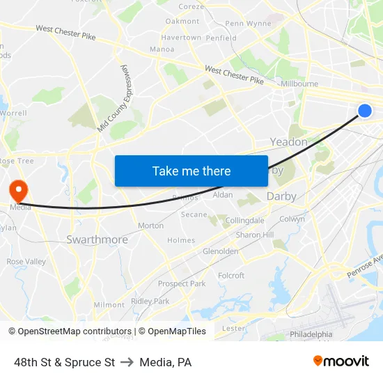48th St & Spruce St to Media, PA map