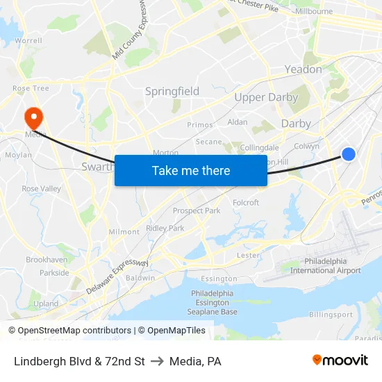 Lindbergh Blvd & 72nd St to Media, PA map