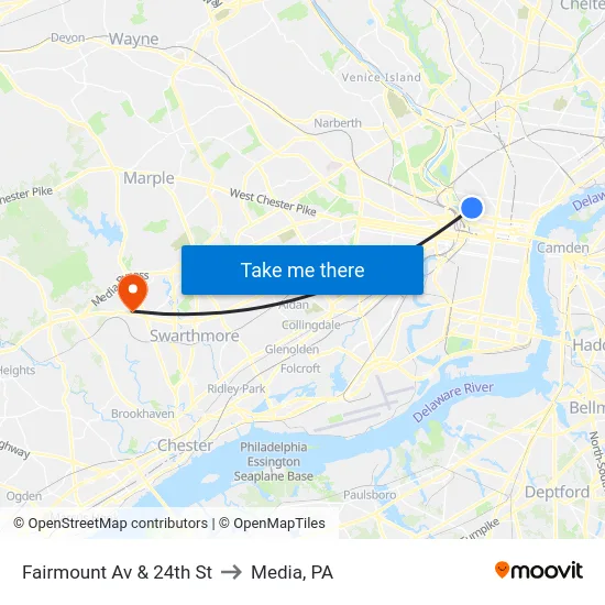 Fairmount Av & 24th St to Media, PA map
