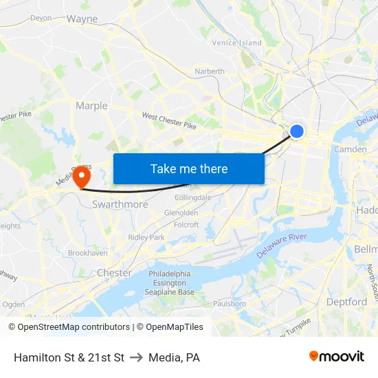 Hamilton St & 21st St to Media, PA map