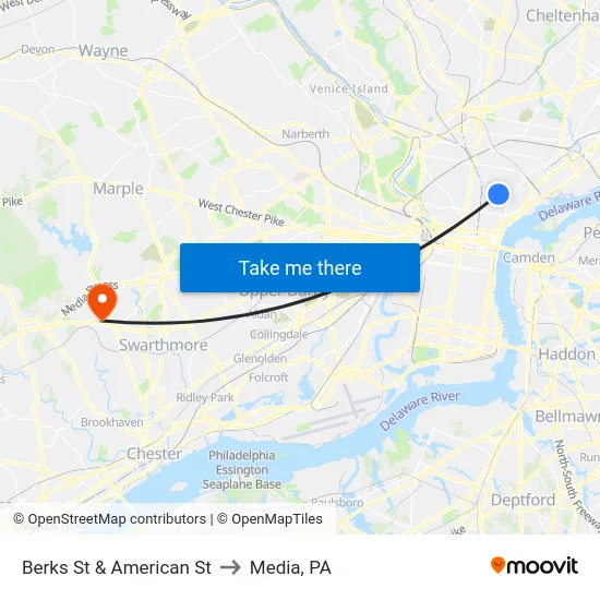 Berks St & American St to Media, PA map