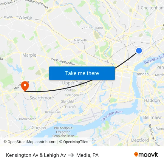 Kensington Av & Lehigh Av to Media, PA map