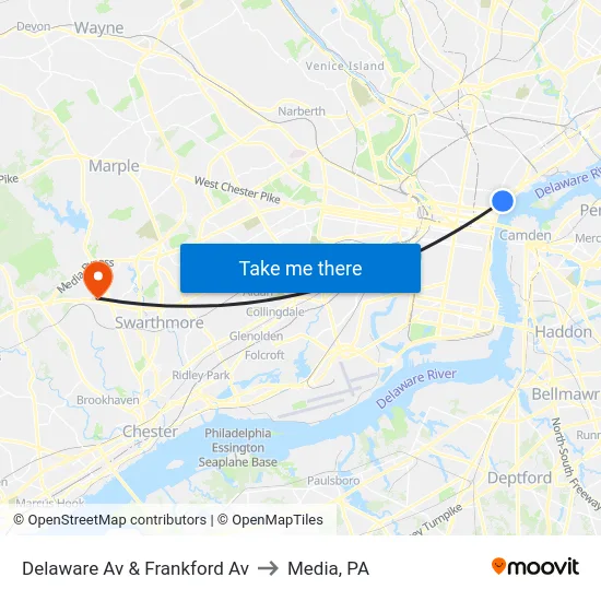 Delaware Av & Frankford Av to Media, PA map