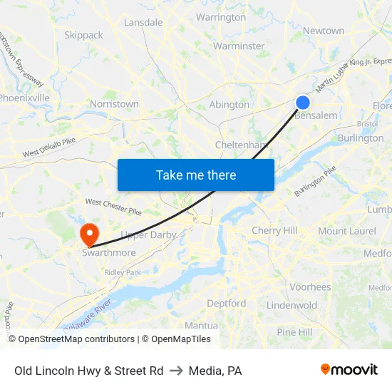 Old Lincoln Hwy & Street Rd to Media, PA map