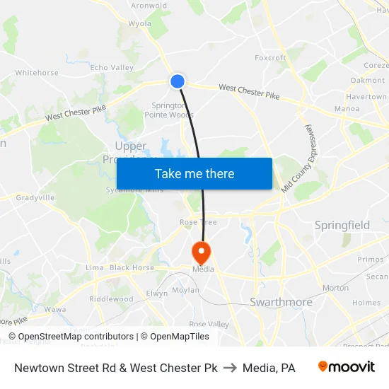 Newtown Street Rd & West Chester Pk to Media, PA map