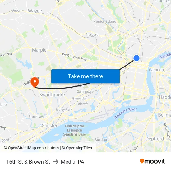 16th St & Brown St to Media, PA map