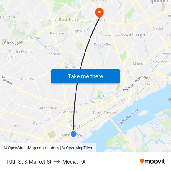 10th St & Market St to Media, PA map