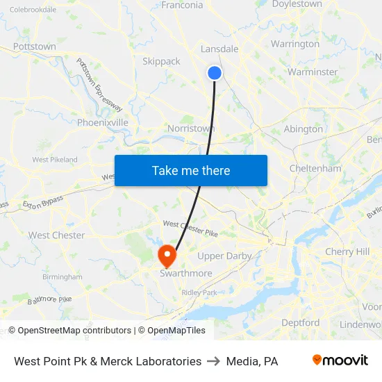 West Point Pk & Merck Laboratories to Media, PA map