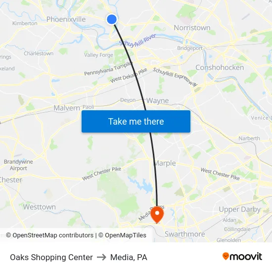 Oaks Shopping Center to Media, PA map