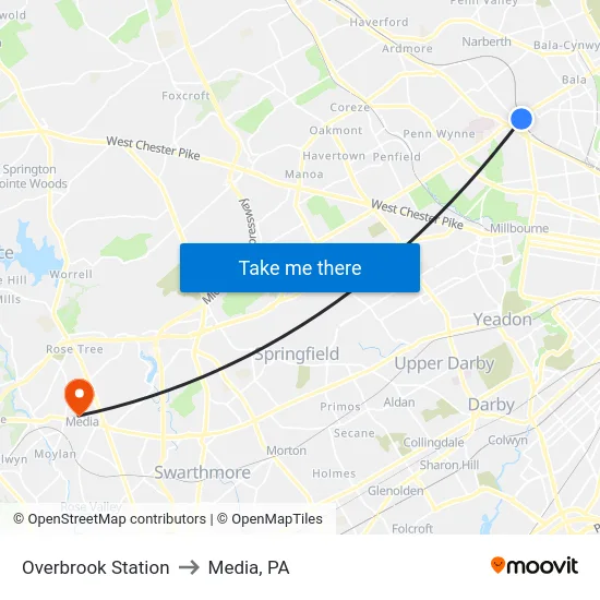 Overbrook Station to Media, PA map