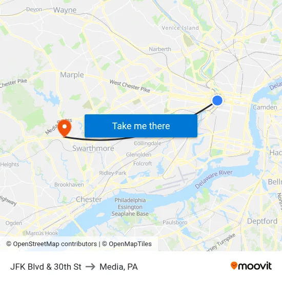 JFK Blvd & 30th St to Media, PA map