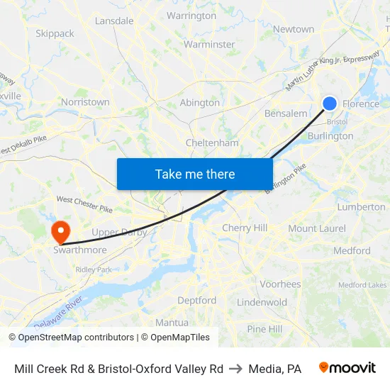 Mill Creek Rd & Bristol-Oxford Valley Rd to Media, PA map
