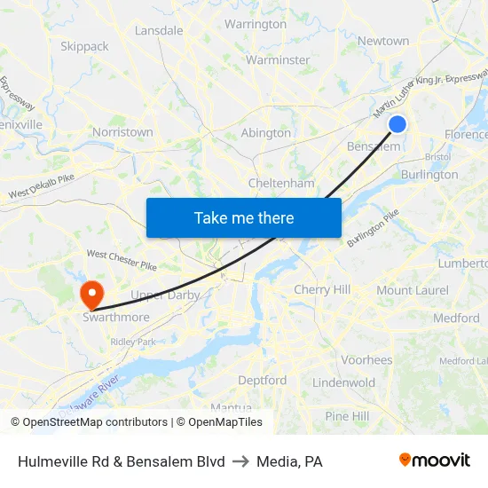 Hulmeville Rd & Bensalem Blvd to Media, PA map