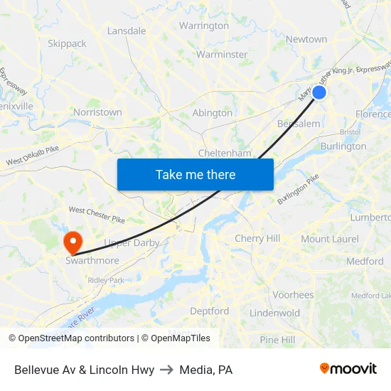 Bellevue Av & Lincoln Hwy to Media, PA map