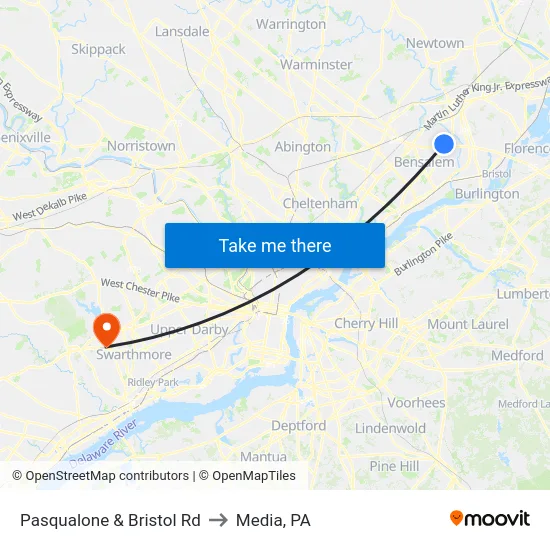 Pasqualone & Bristol Rd to Media, PA map