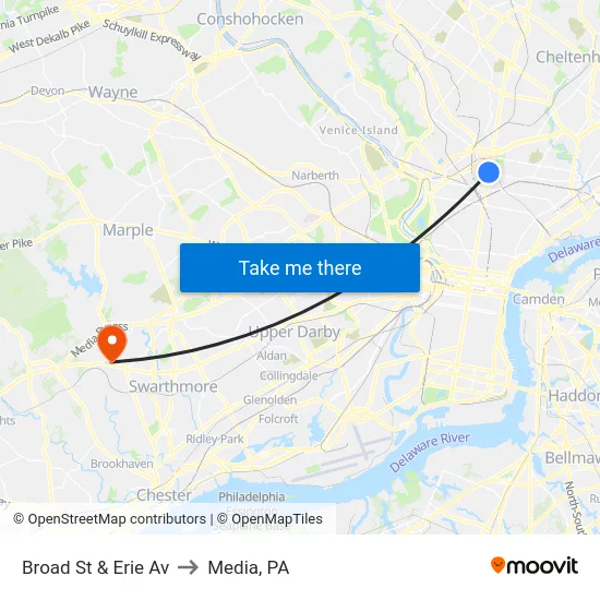 Broad St & Erie Av to Media, PA map