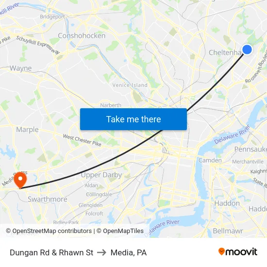 Dungan Rd & Rhawn St to Media, PA map