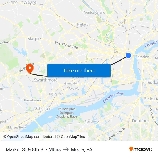Market St & 8th St - Mbns to Media, PA map