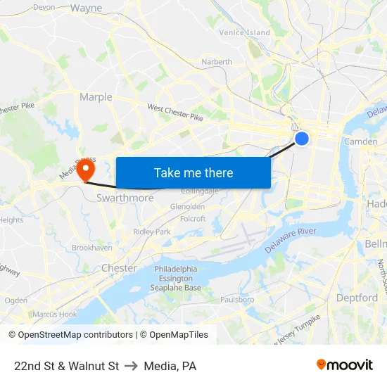 22nd St & Walnut St to Media, PA map