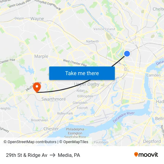 29th St & Ridge Av to Media, PA map