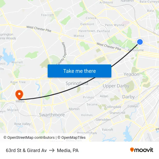 63rd St & Girard Av to Media, PA map