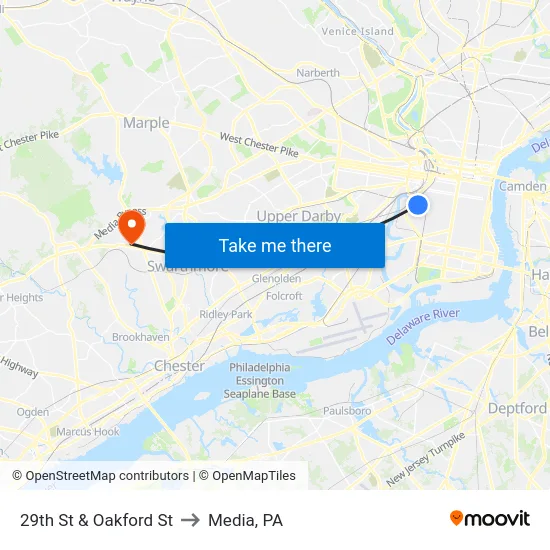 29th St & Oakford St to Media, PA map