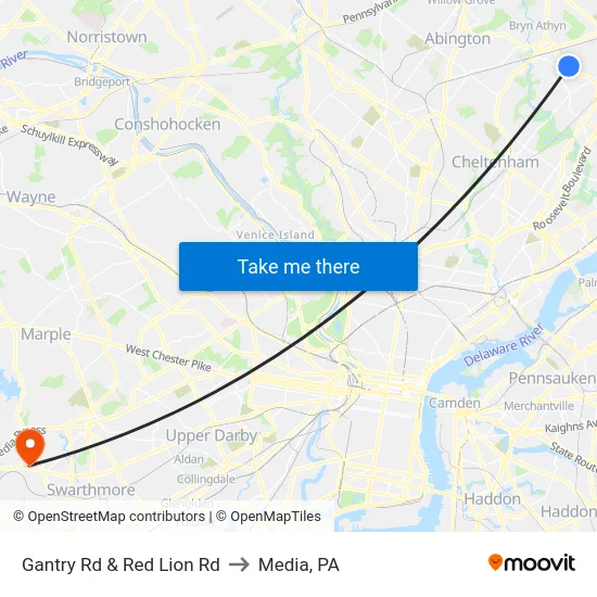 Gantry Rd & Red Lion Rd to Media, PA map