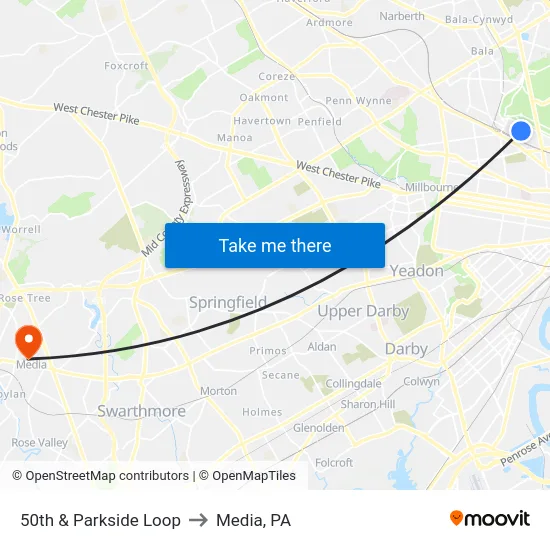 50th & Parkside Loop to Media, PA map