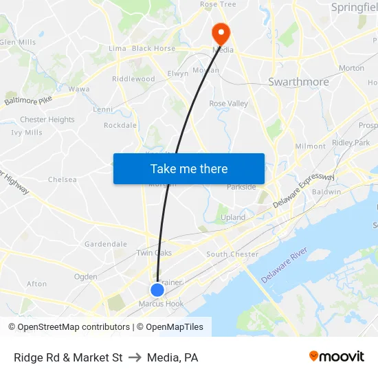Ridge Rd & Market St to Media, PA map