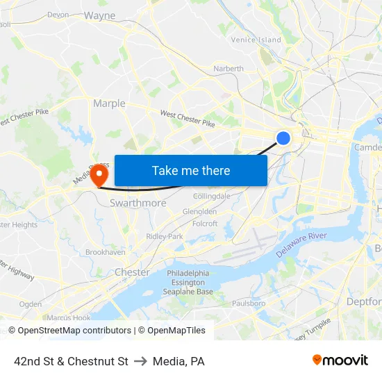 42nd St & Chestnut St to Media, PA map
