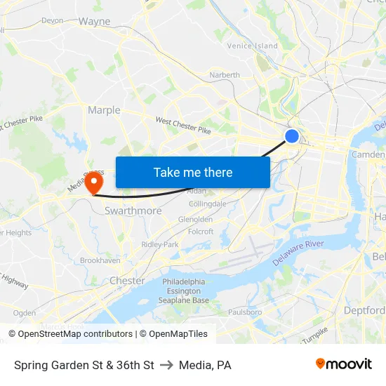 Spring Garden St & 36th St to Media, PA map
