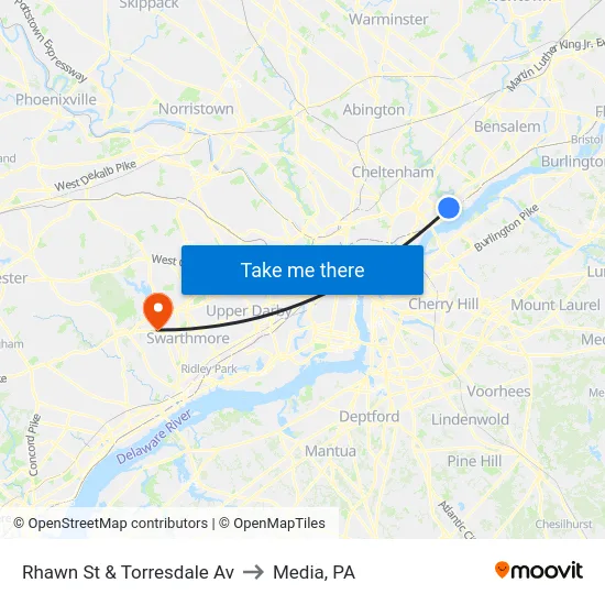 Rhawn St & Torresdale Av to Media, PA map