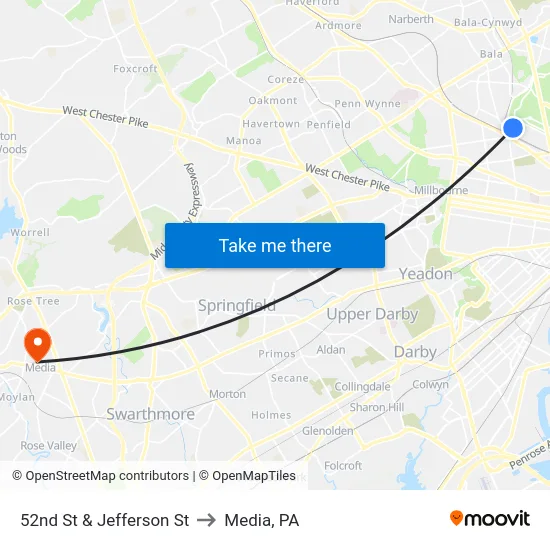 52nd St & Jefferson St to Media, PA map