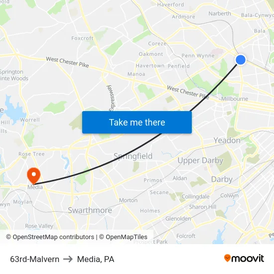 63rd-Malvern to Media, PA map