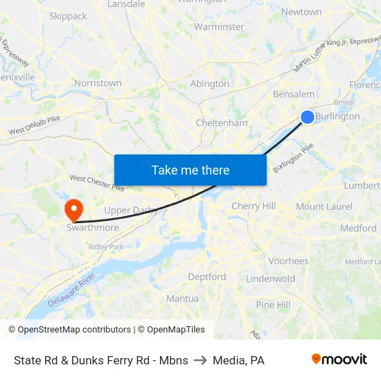 State Rd & Dunks Ferry Rd - Mbns to Media, PA map